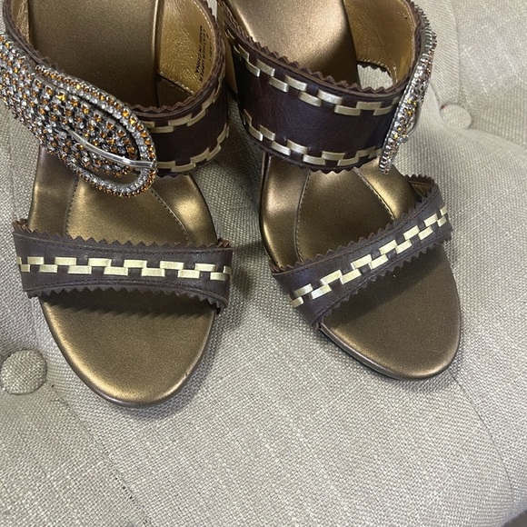 Yellow Box Gable Buckle Rhinestone Embellished Leather Cork Wedge size 9 - Picture 3 of 11